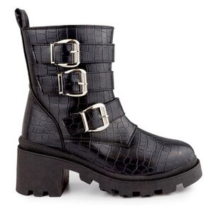 SUGAR FILO BUCKLED MOTO BOOTS *NEW *SIZE 8 *BLACK CROCODILE LUG COMBAT BOOTS
